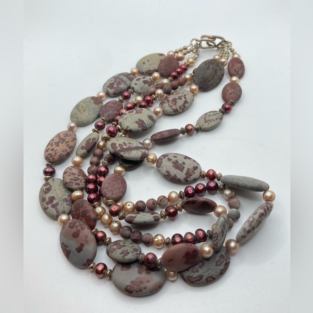 VTG Leopard Skin Jasper Freshwater Pearl Multi Colour Multi Strand Necklace 21”